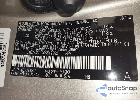 2006 Toyota Sienna Xle из США, поврежденный, VIN 5TDZA22C26S542682